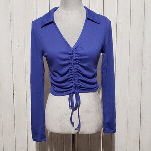 NEW Francesca's M Love & Piece Top Purple Blue Ruched Tie Front Long Sleeve Crop